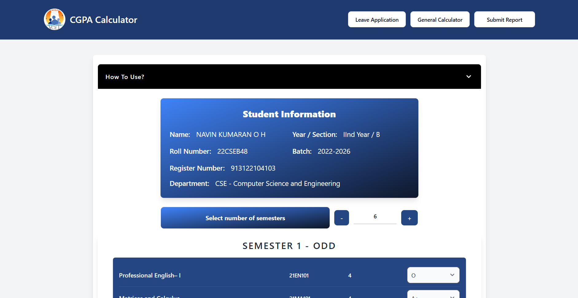 CGPA Calculator VCET